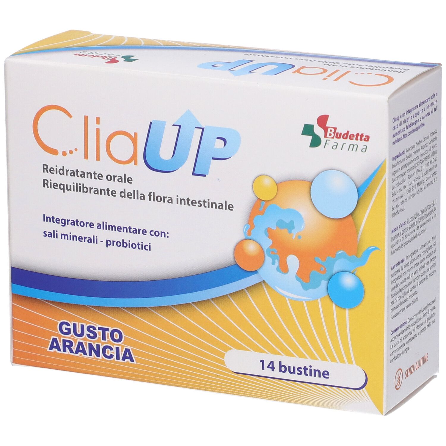 Confezione CliaUP. 14 bustine. Gusto arancia. Reidratante orale e riequilibrante. Budetta Farma.