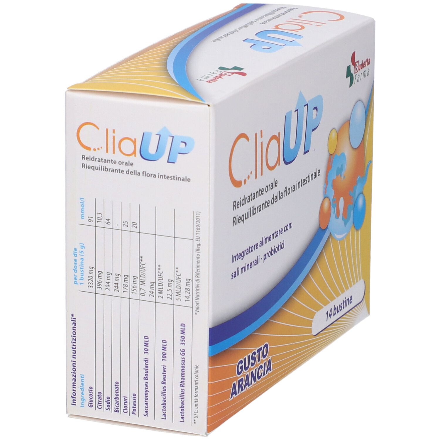 Confezione CliaUP. 14 bustine. Gusto arancia. Reidratante orale e riequilibrante. Budetta Farma.