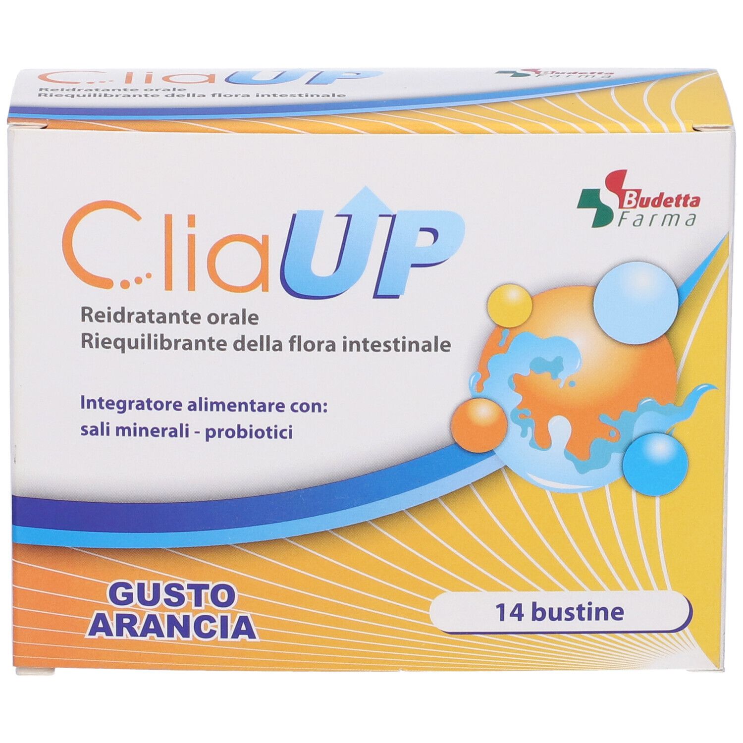 Confezione CliaUP. 14 bustine. Gusto arancia. Reidratante orale e riequilibrante. Budetta Farma.