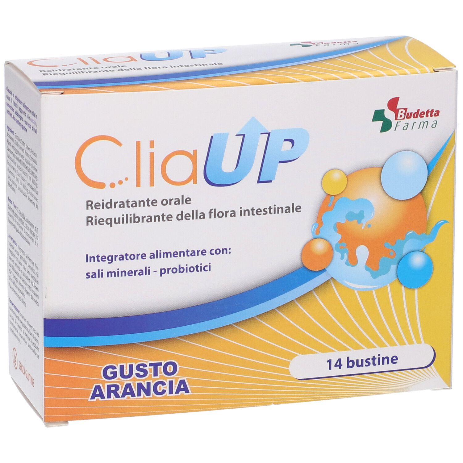 Confezione CliaUP. 14 bustine. Gusto arancia. Reidratante orale e riequilibrante. Budetta Farma.