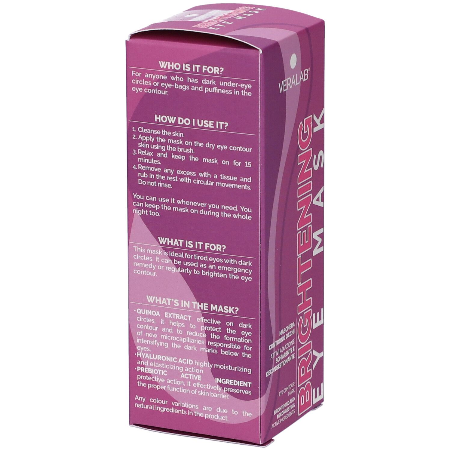 Retro confezione maschera occhi. Sezioni di testo in italiano.