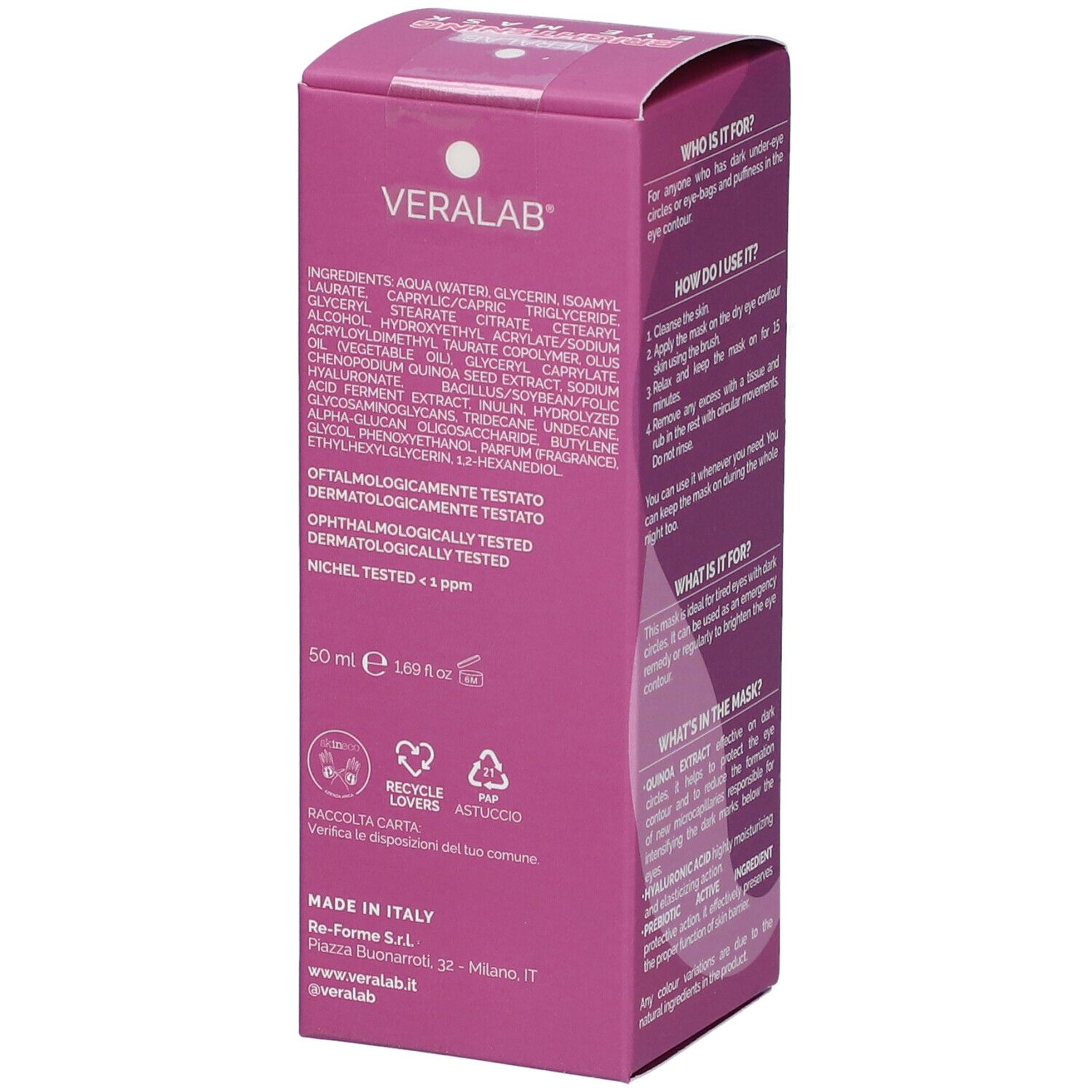 Lato confezione maschera occhi. Ingredienti e informazioni in italiano.