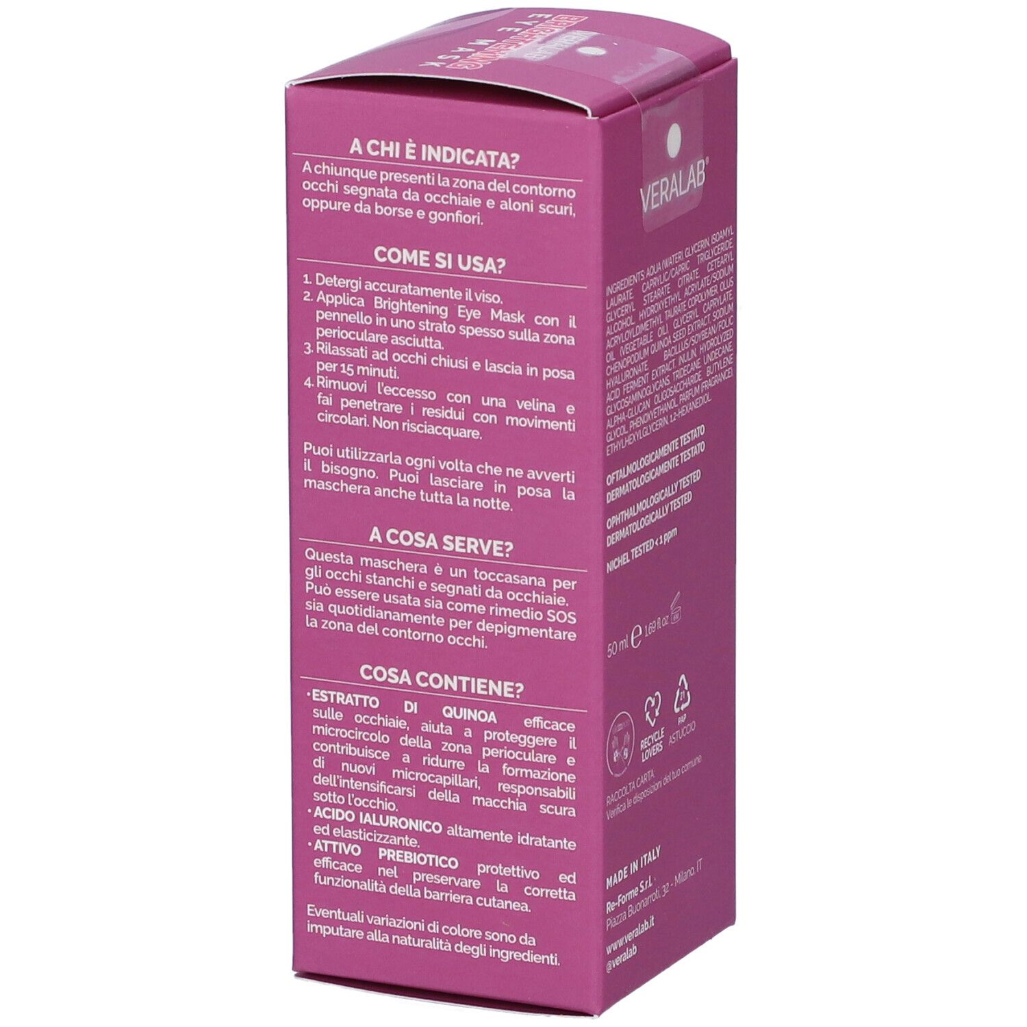 Lato confezione maschera occhi. Sezioni di testo in italiano.