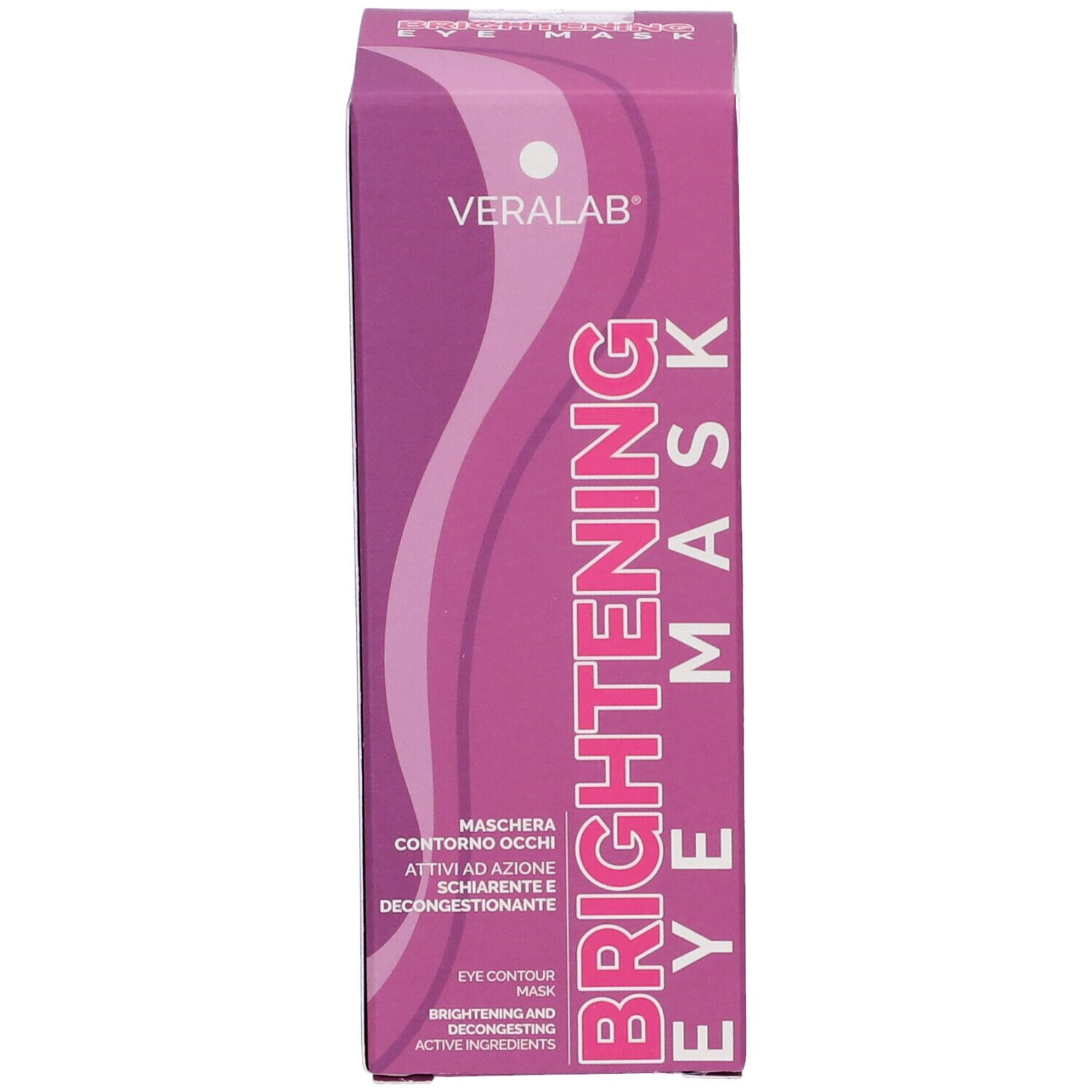 Fronte confezione maschera occhi. Nome e logo del prodotto in viola.