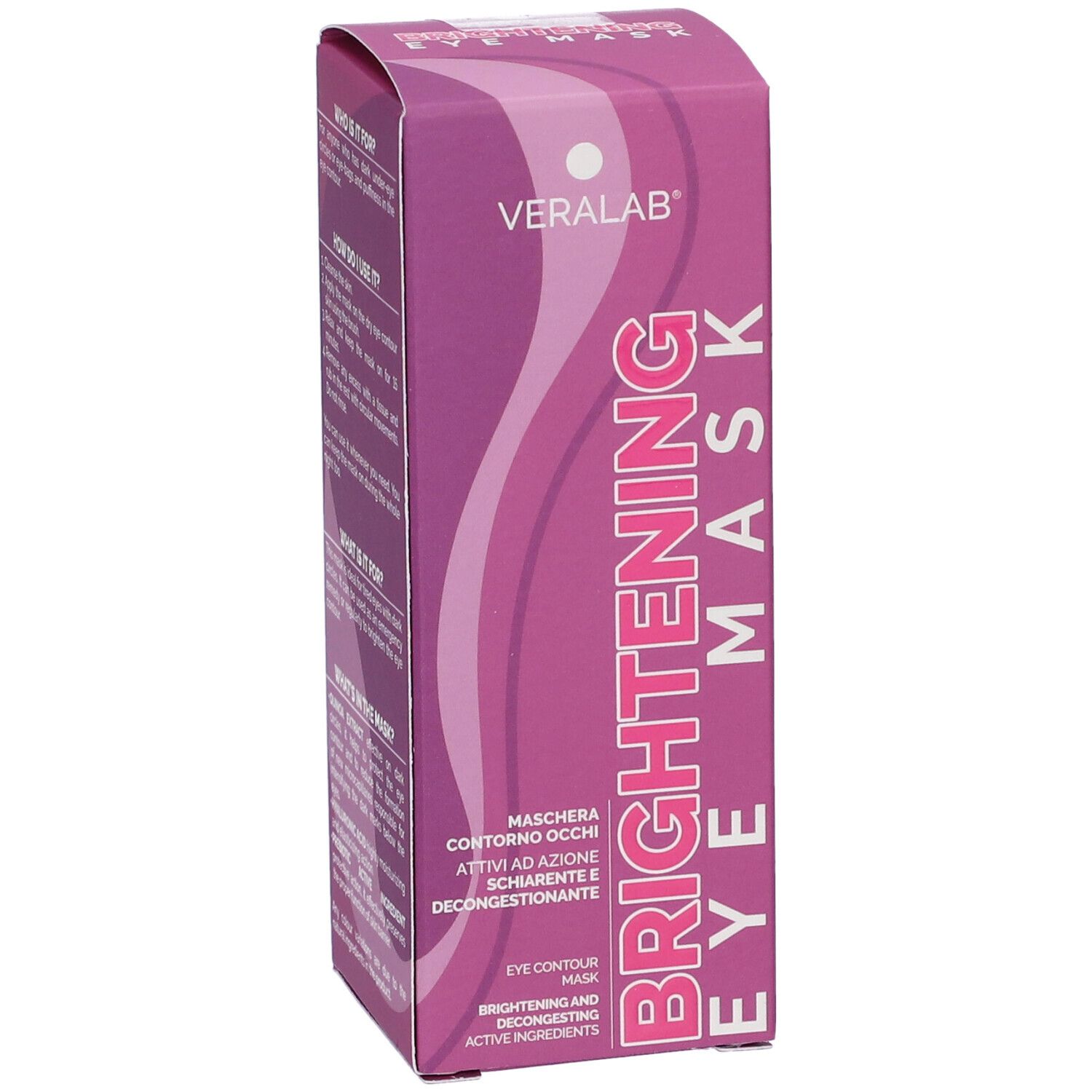 Fronte confezione maschera occhi. Nome e logo del prodotto in viola.
