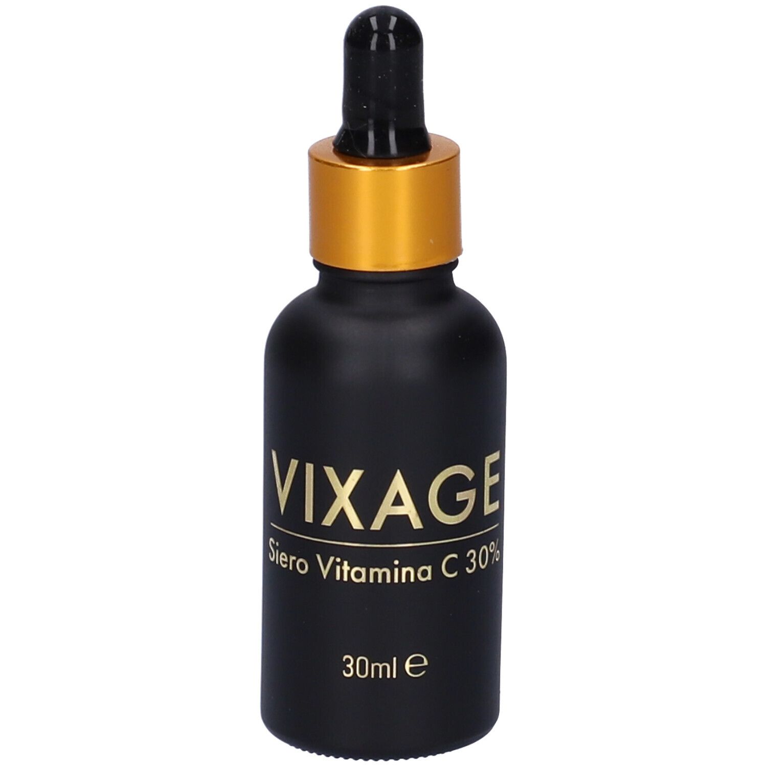 Flacone di siero nero con tappo dorato e contagocce. Scritta: Vixage, Vitamina C 30%.