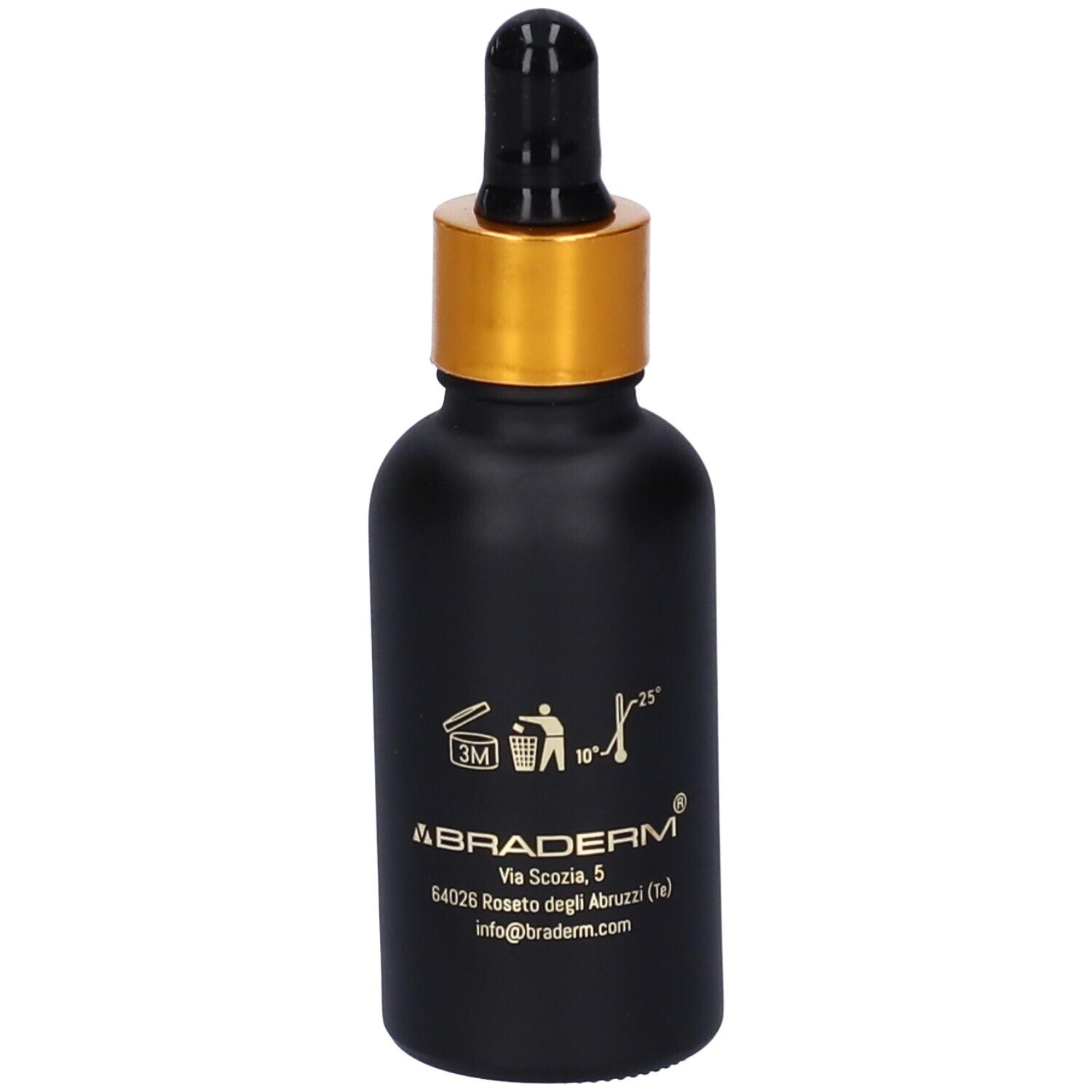 Flacone di siero nero con tappo dorato e contagocce. Scritta: Vixage, Vitamina C 30%.