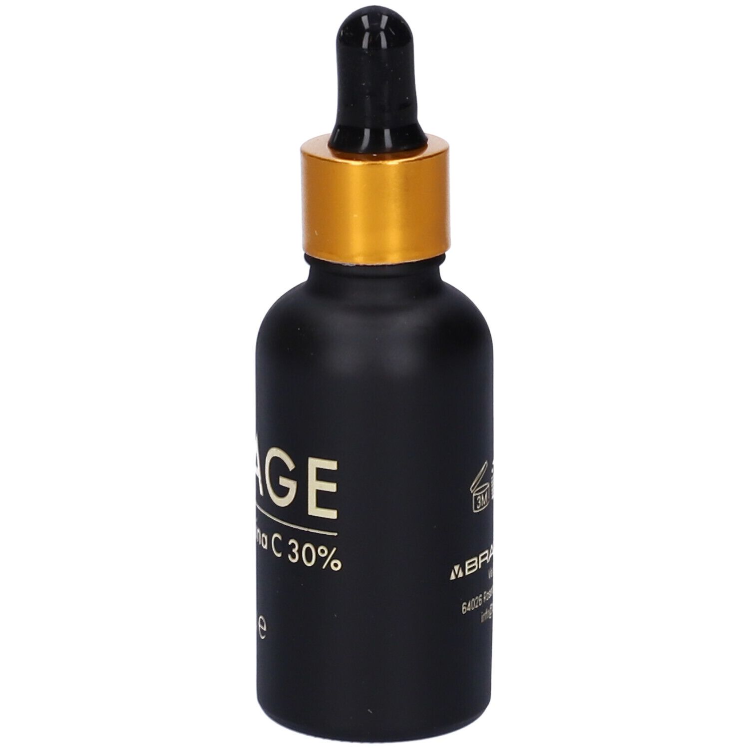 Flacone di siero nero con tappo dorato e contagocce. Scritta: Vixage, Vitamina C 30%.
