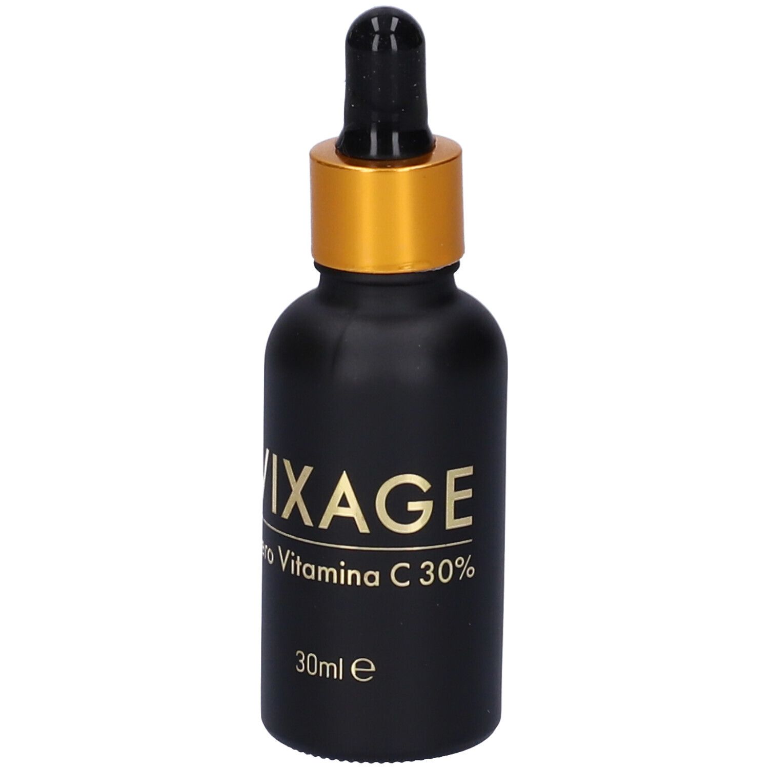 Flacone di siero nero con tappo dorato e contagocce. Scritta: Vixage, Vitamina C 30%.