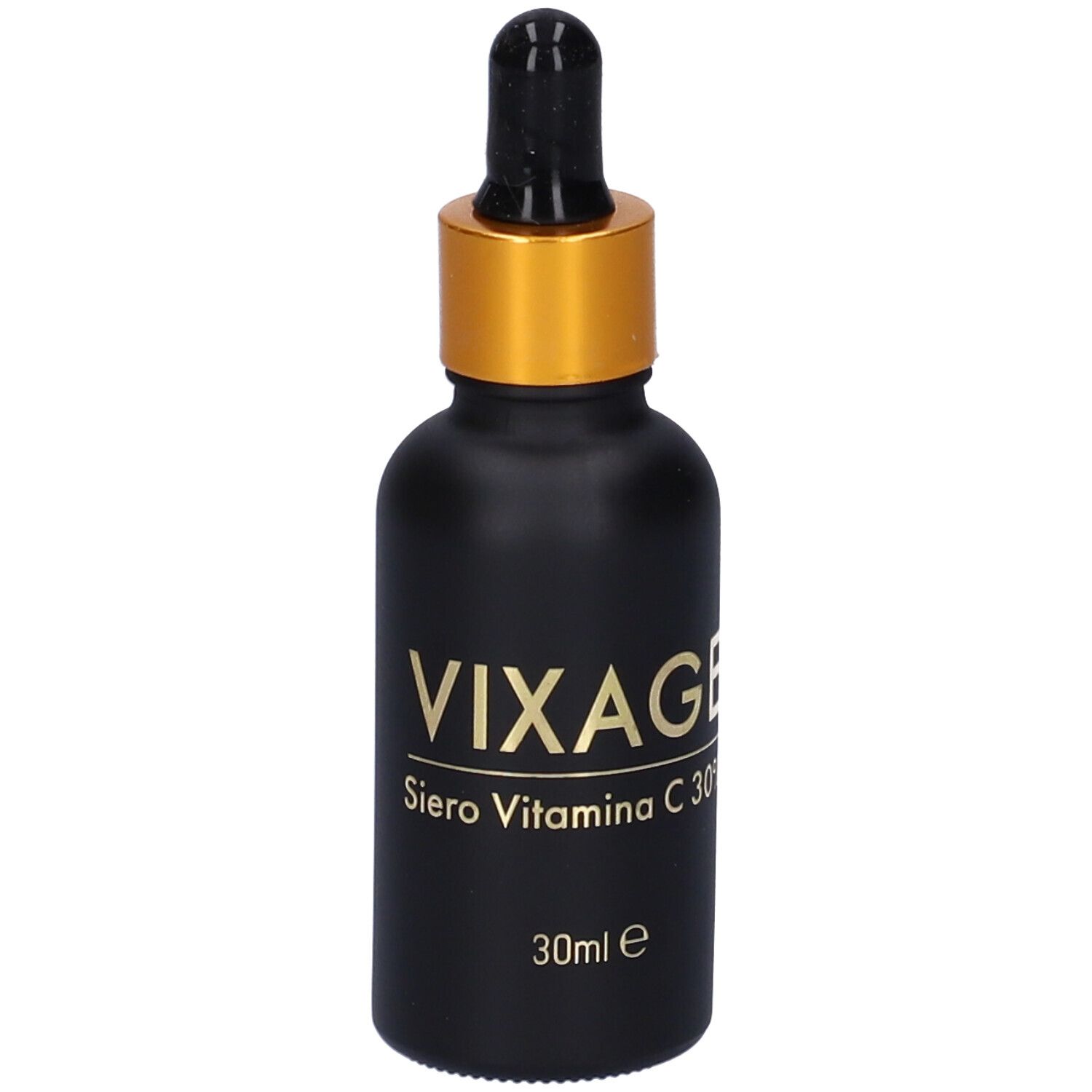 Flacone di siero nero con tappo dorato e contagocce. Scritta: Vixage, Vitamina C 30%.