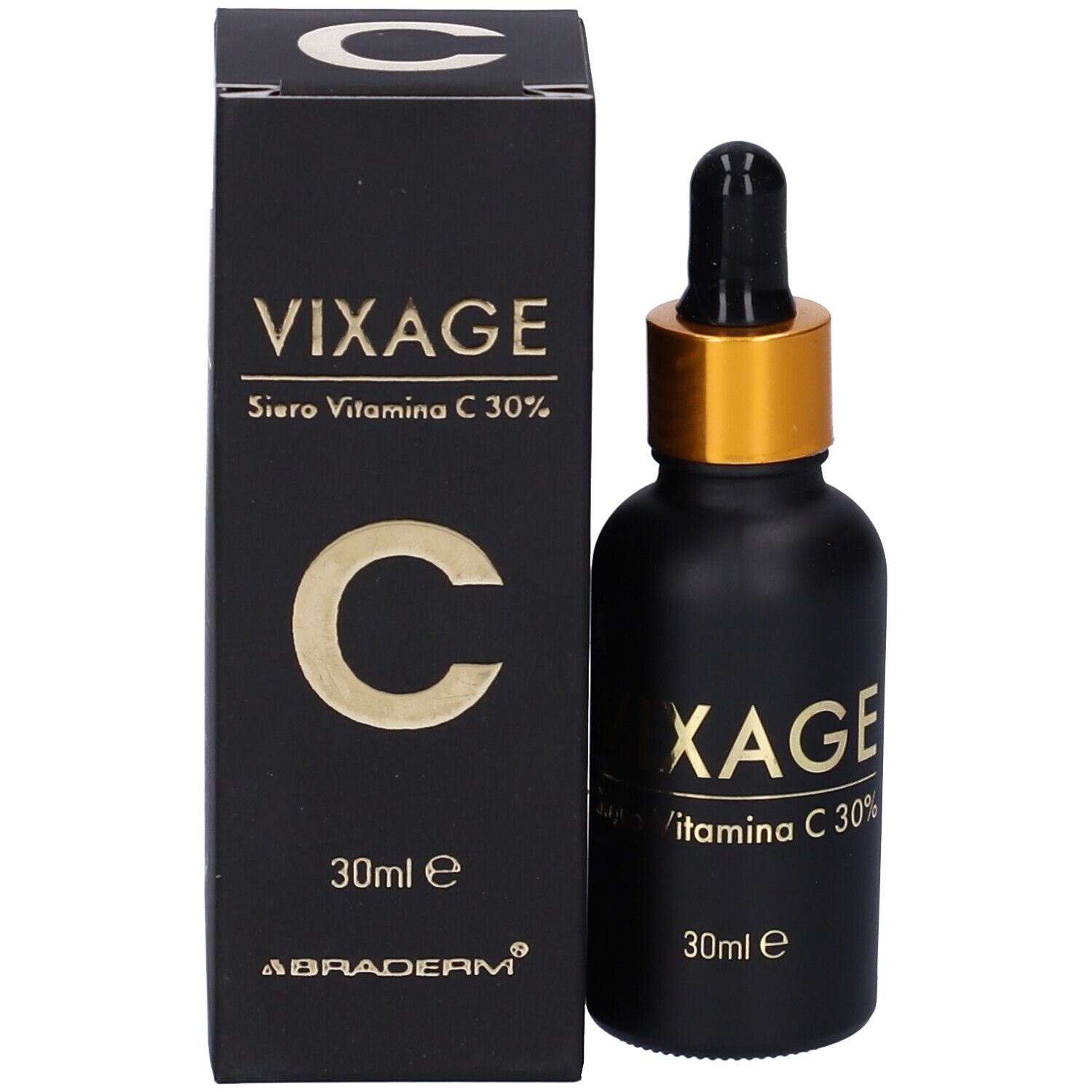 Flacone di siero e confezione. Scritta: Vixage, Vitamina C 30%. Flacone nero con contagocce.