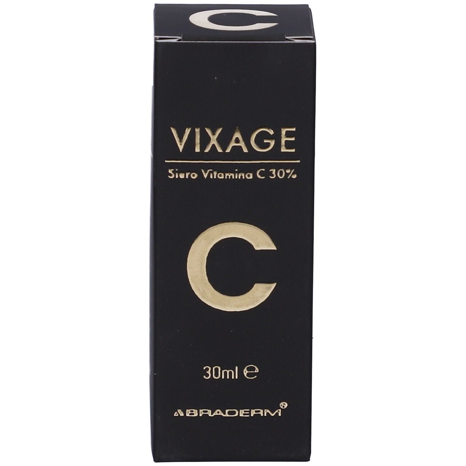 Confezione. Scritta: Vixage, Vitamina C 30%. Confezione nera con scritta dorata.