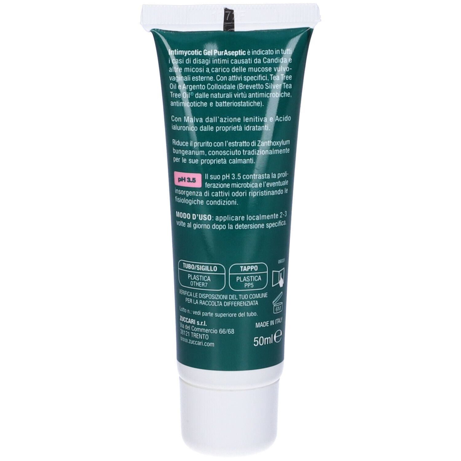 Retro del tubo verde. Informazioni testuali e ingredienti. Marchio Zuccari.