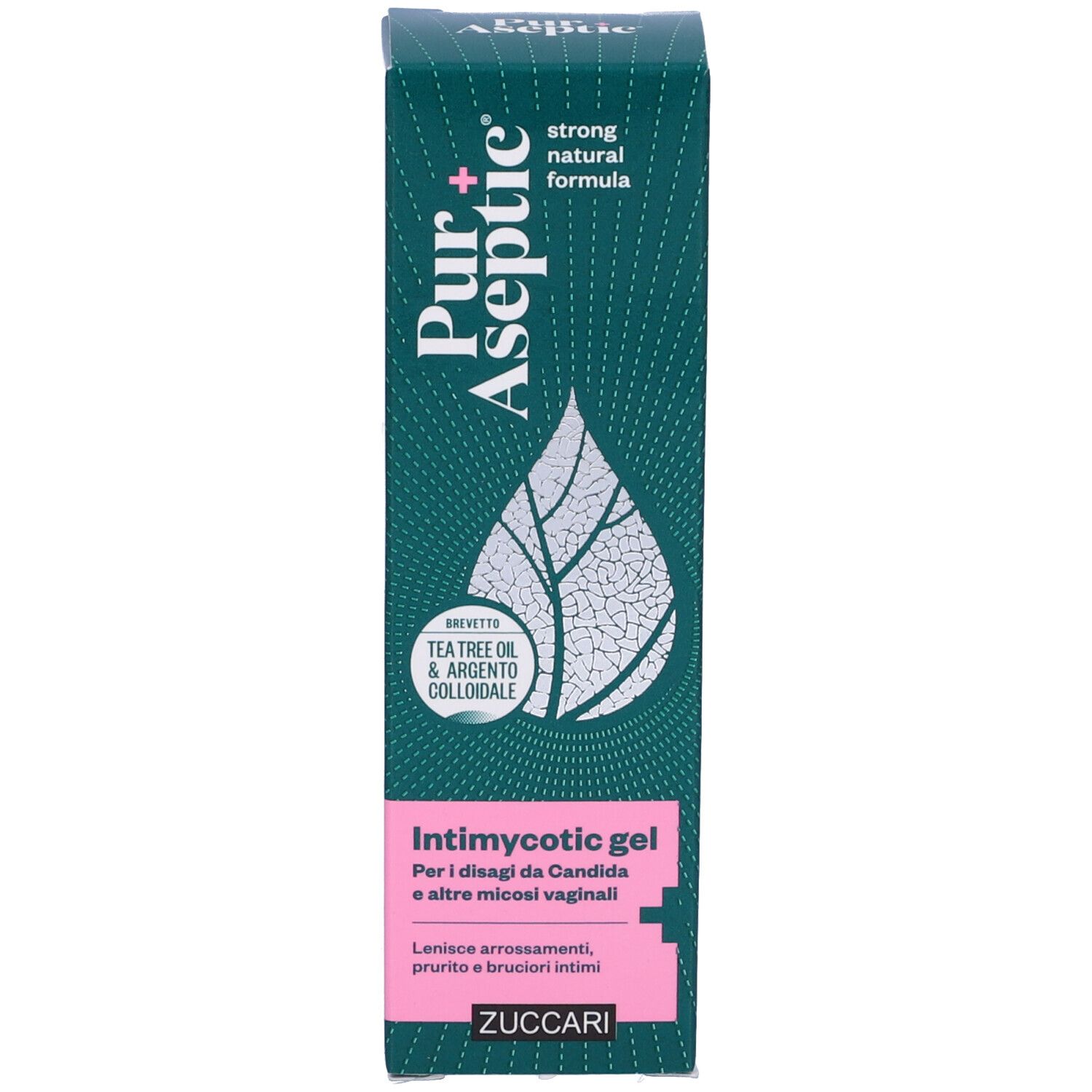 Confezione verde del prodotto. Scritta: Pur Aseptic, Intimycotic gel. Marchio Zuccari.