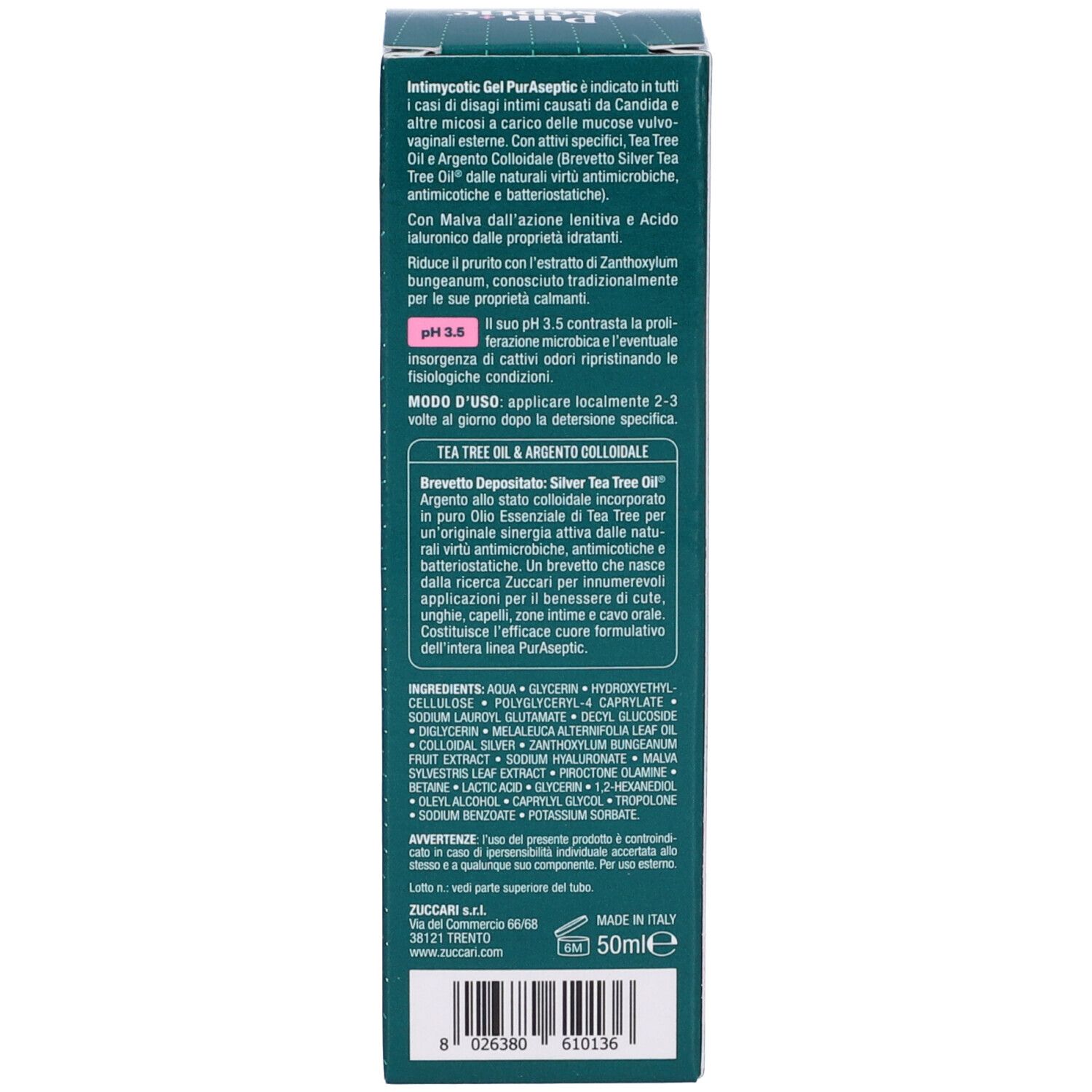 Retro della confezione verde del prodotto. Informazioni testuali e ingredienti. Marchio Zuccari.