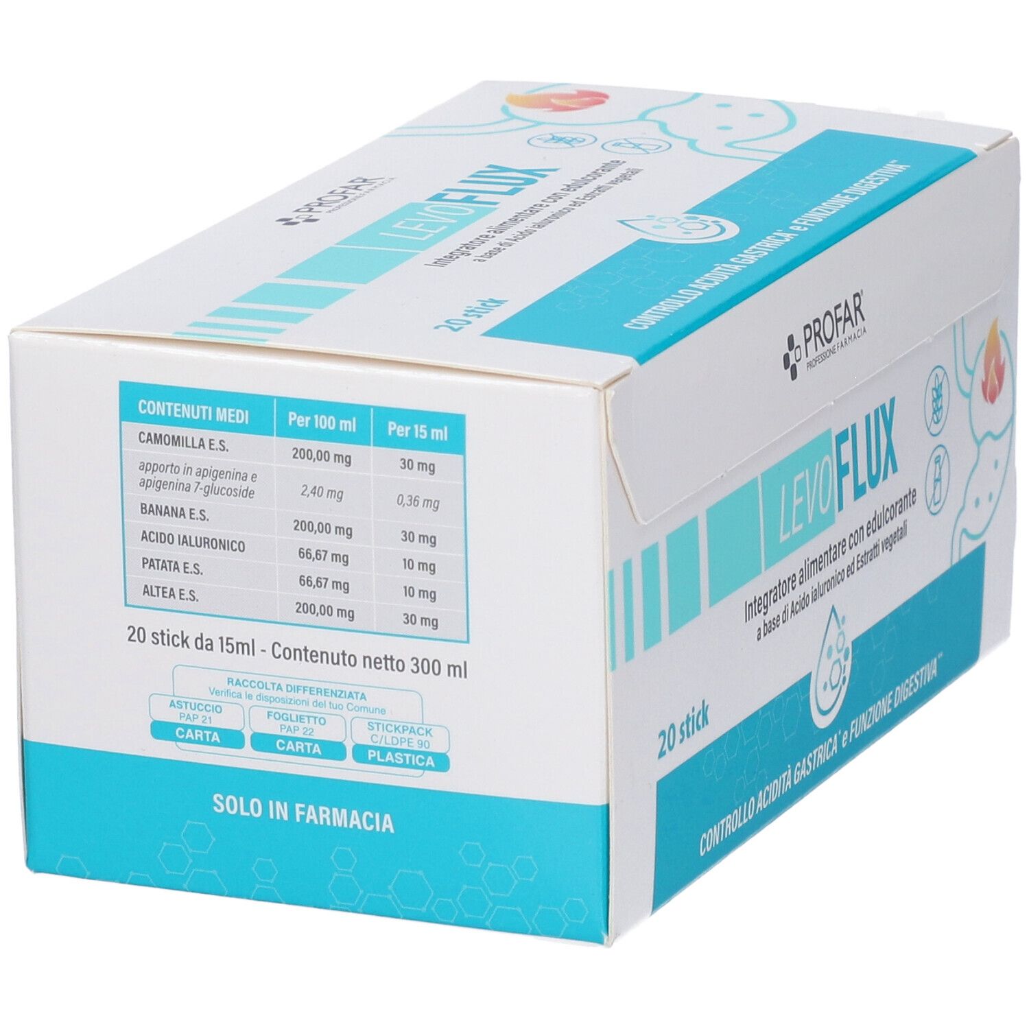 Retro scatola Profar Levoflux Stick Pack con ingredienti e quantità.