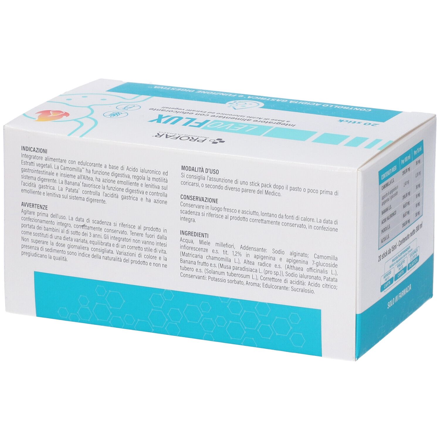 Lato scatola Profar Levoflux Stick Pack con indicazioni d'uso e avvertenze.