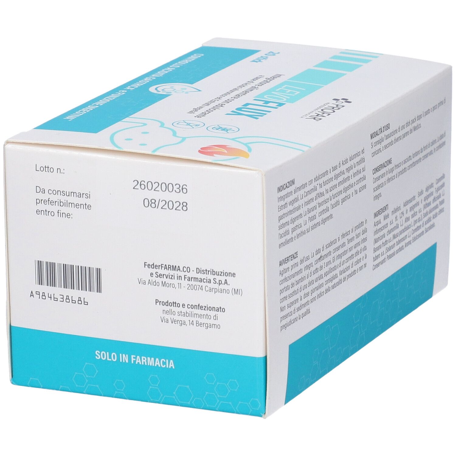 Scatola Profar Levoflux Stick Pack con numero di lotto e data di scadenza.