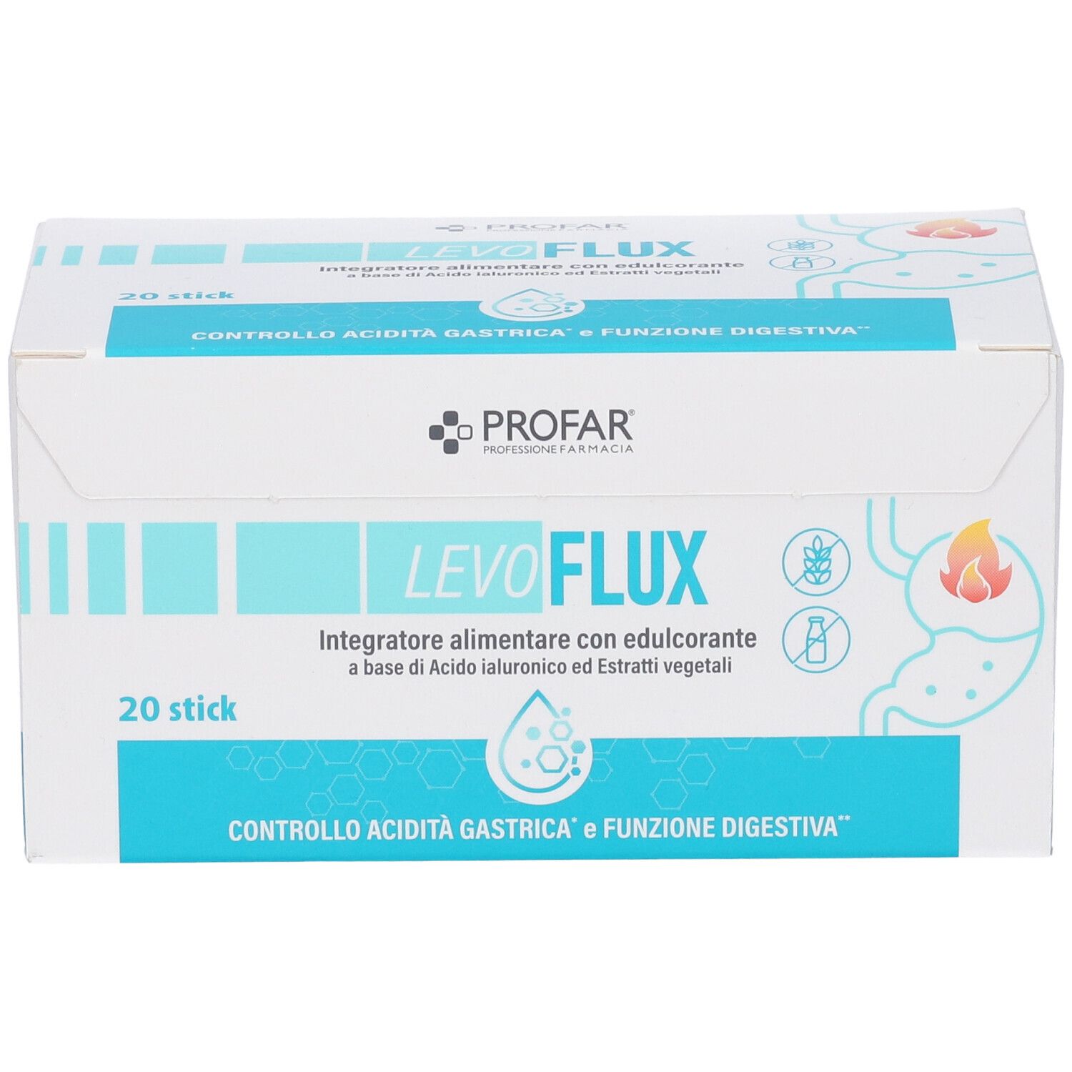Scatola Profar Levoflux Stick Pack, 20 stick, per controllo acidità e funzione digestiva.