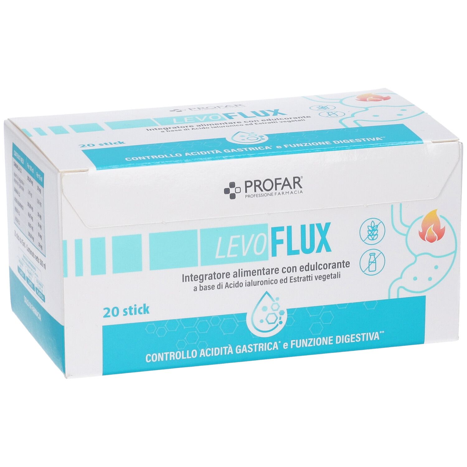 Scatola Profar Levoflux Stick Pack, 20 stick, per controllo acidità e funzione digestiva.