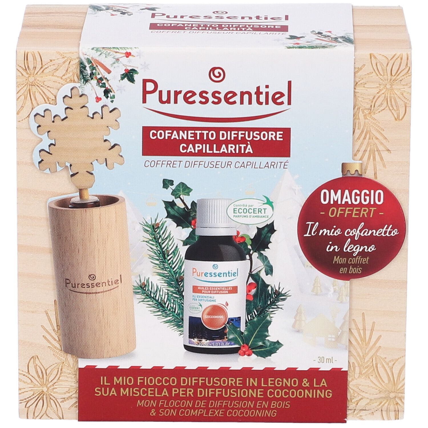 Scatola in legno con diffusore, flacone e accessori. Scritta: Puressentiel, Cofanetto Diffusore Capillarità. Con sigillo ECOCERT.