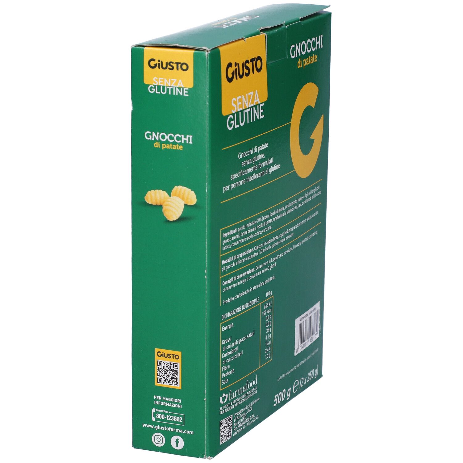 Vista laterale della scatola verde. Testo: Giusto Senza Glutine, Gnocchi di patate. Codice QR, informazioni nutrizionali.