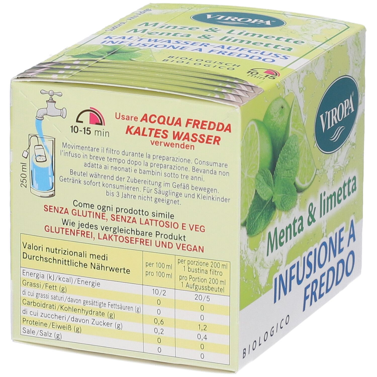 Confezione Viropa Infuso Menta & Limetta Bio Filtri. Contiene informazioni nutrizionali. Istruzioni per la preparazione con acqua fredda.