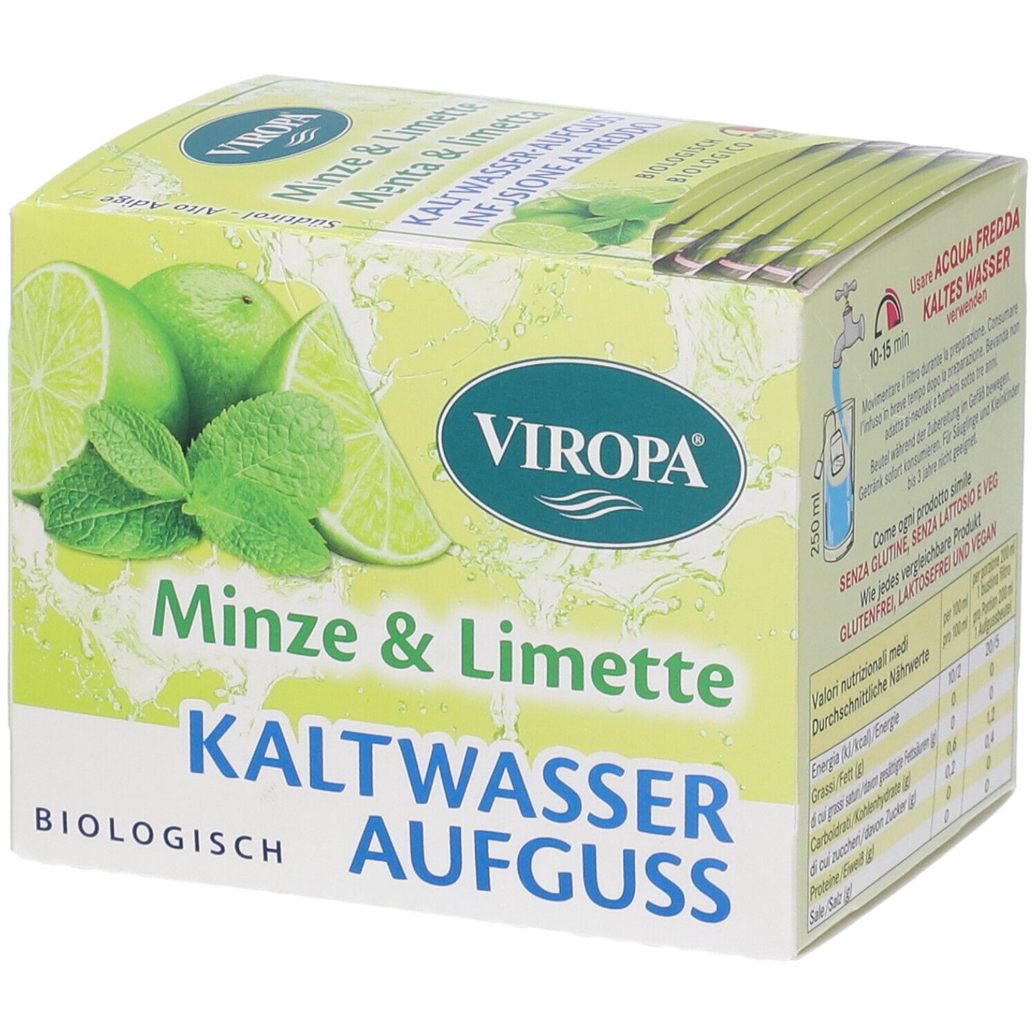 Confezione Viropa Infuso Menta & Limetta Bio Filtri. Immagine di lime e menta. Testo: Kaltwasser Aufguss, biologico.