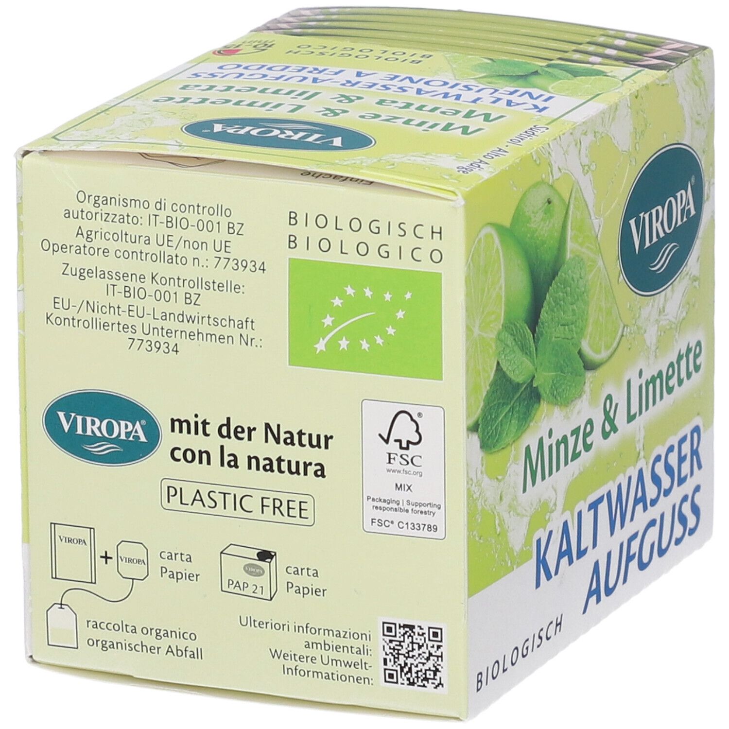 Confezione Viropa Infuso Menta & Limetta Bio Filtri. Sigillo FSC, testo: biologico, con la natura. Immagine di lime e menta.