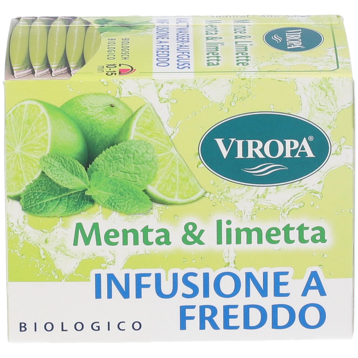 Confezione Viropa Infuso Menta & Limetta Bio Filtri. Immagine di lime e menta. Testo: Infusione a Freddo, biologico.
