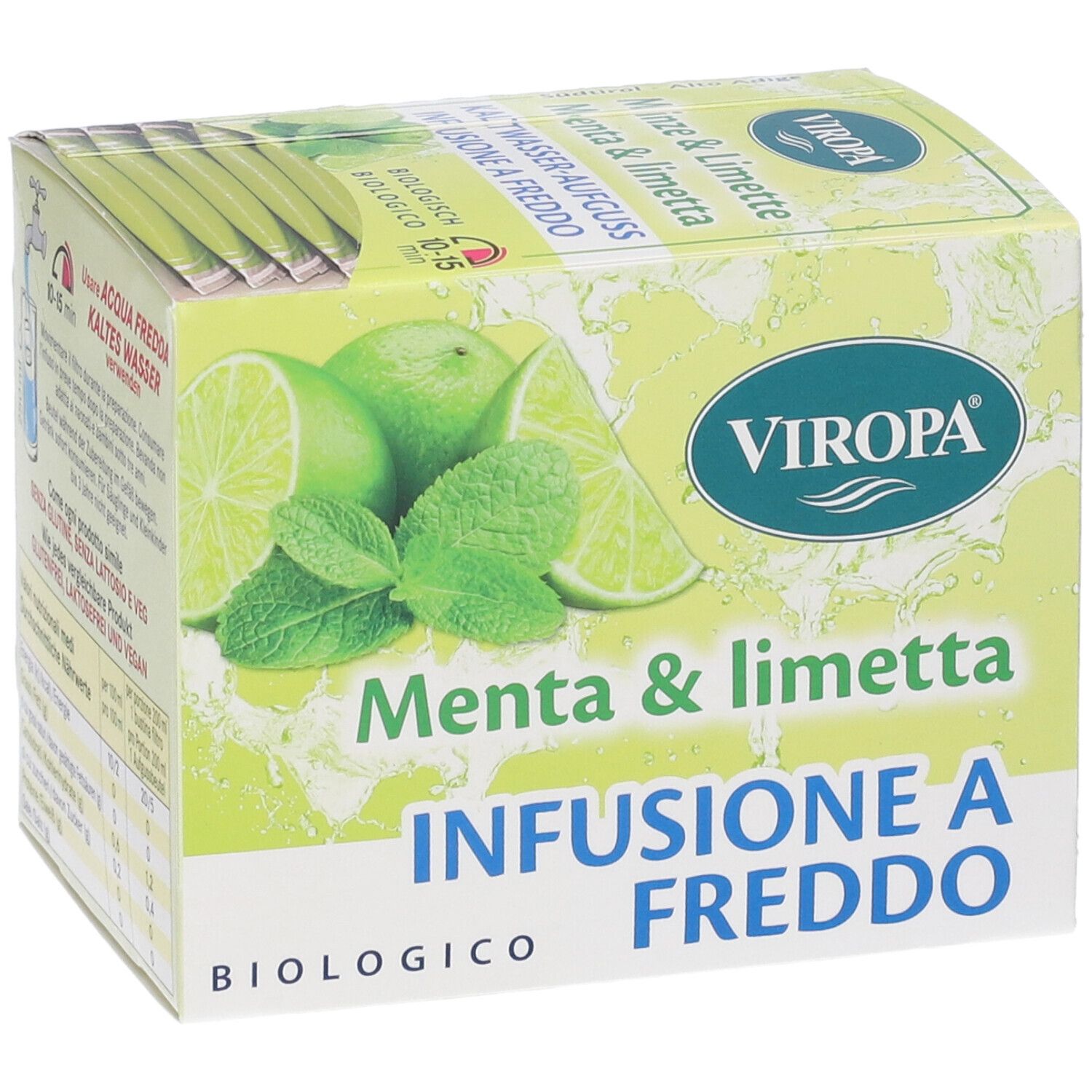 Confezione Viropa Infuso Menta & Limetta Bio Filtri. Immagine di lime e menta. Testo: Infusione a Freddo, biologico.