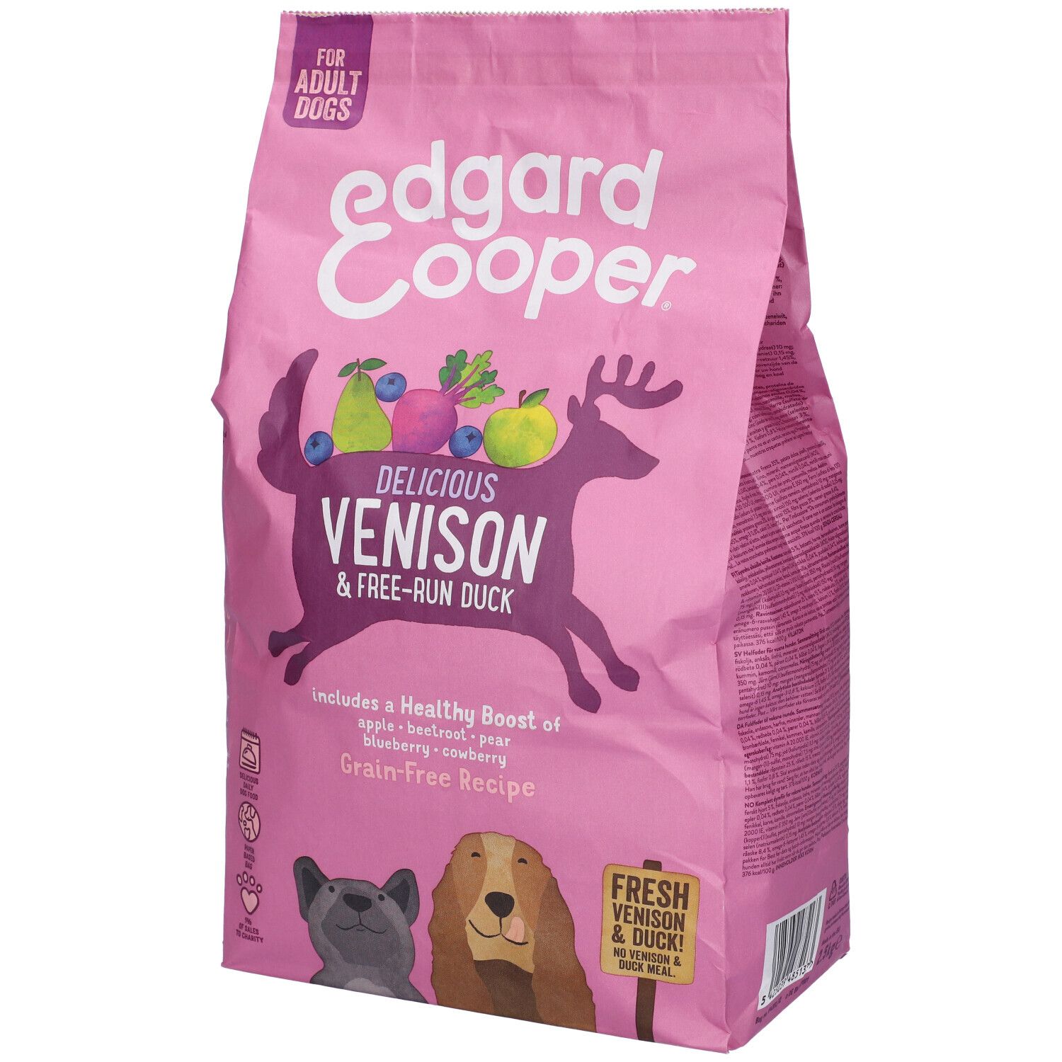 Confezione rosa Edgard & Cooper. Scritta: Delicious Venison & Free-Run Duck. Per cani adulti. Illustrazione di cervo.