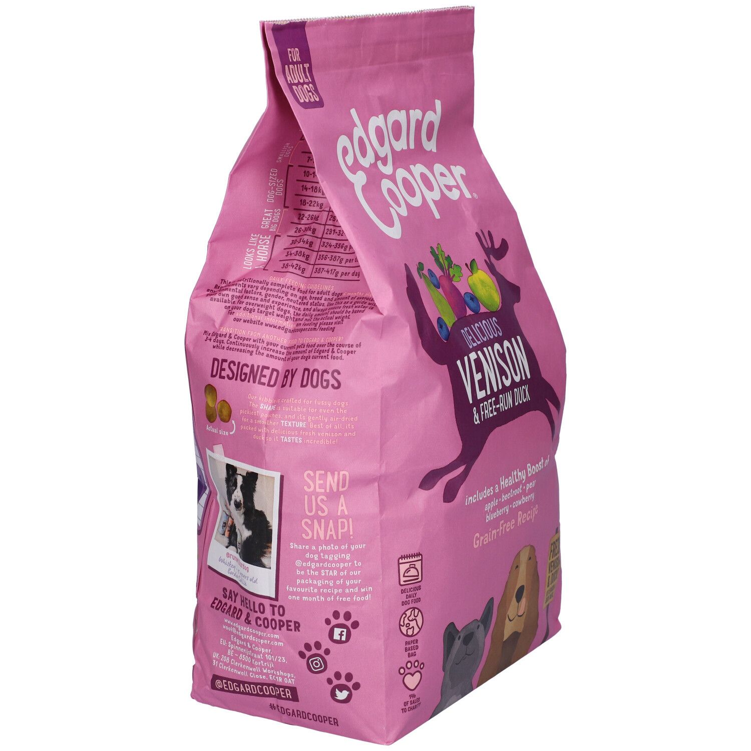 Confezione rosa Edgard & Cooper. Scritta: Delicious Venison & Free-Run Duck. Retro con informazioni e logo.