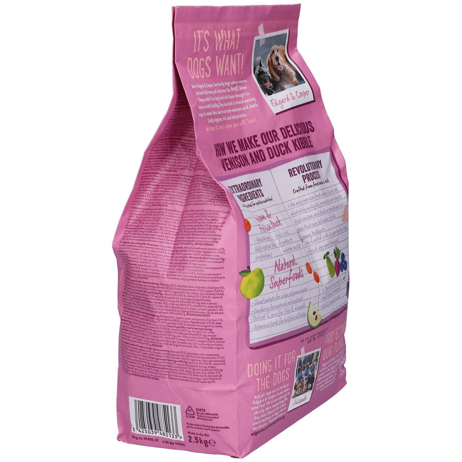 Confezione rosa Edgard & Cooper. Scritta: Delicious Venison & Free-Run Duck. Retro con testo e ingredienti.