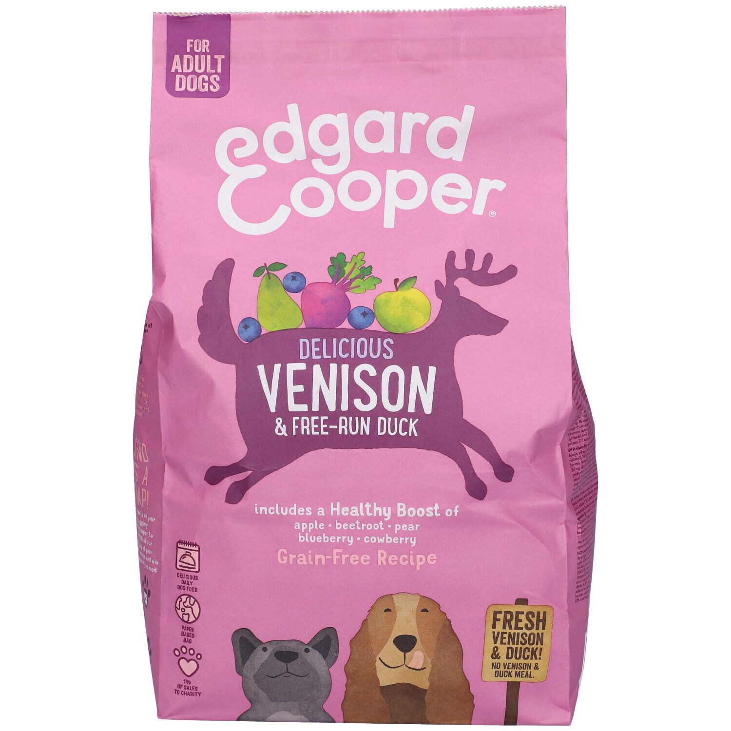 Confezione rosa Edgard & Cooper. Scritta: Delicious Venison & Free-Run Duck. Per cani adulti. Illustrazione.