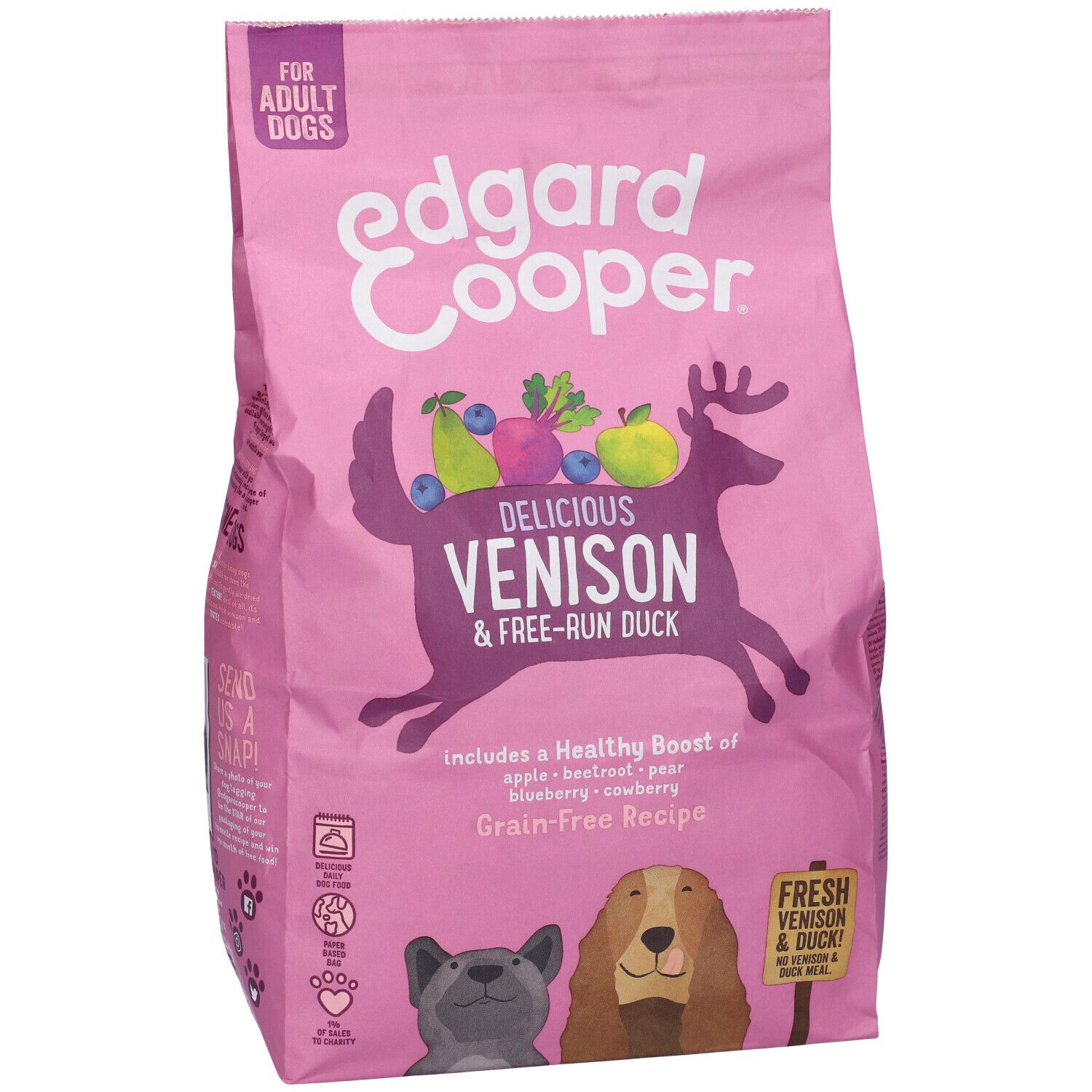 Confezione rosa Edgard & Cooper. Scritta: Delicious Venison & Free-Run Duck. Per cani adulti. Illustrazione.