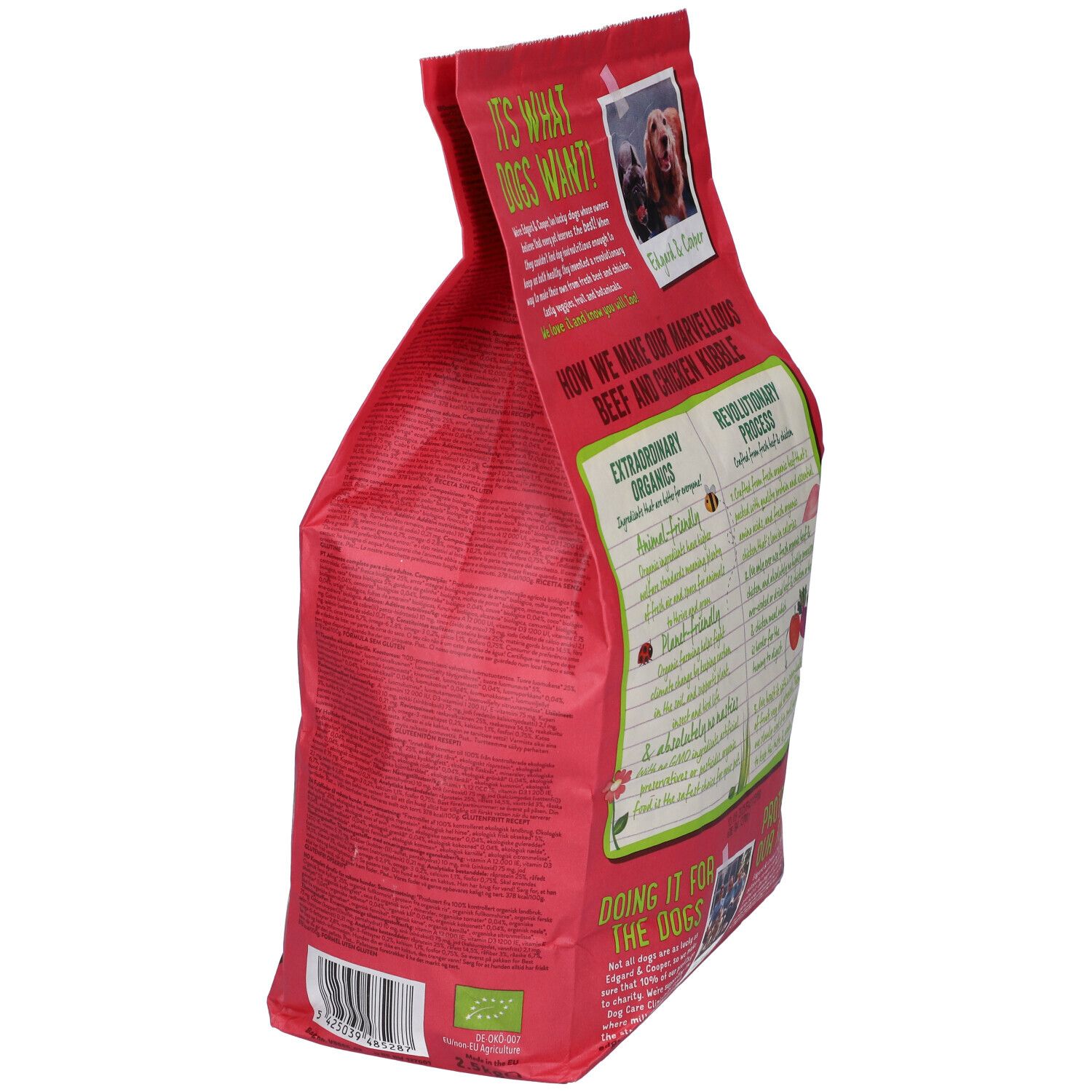 Confezione di cibo per cani, vista laterale. Scritta: Edgard & Cooper. Cibo biologico per adulti. Illustrazioni.