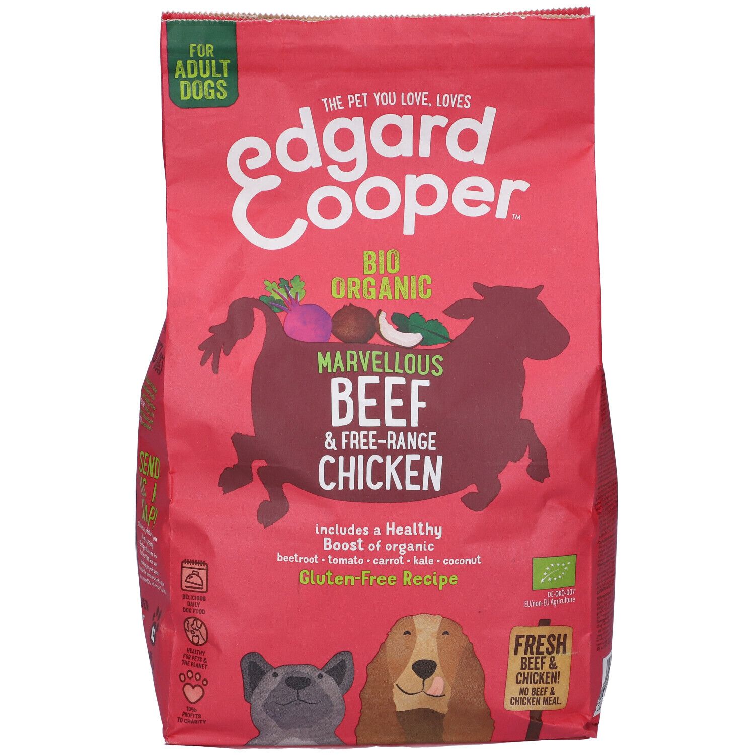 Confezione rossa di cibo per cani adulti. Scritta: Edgard & Cooper, manzo e pollo ruspante. Ricetta senza glutine.