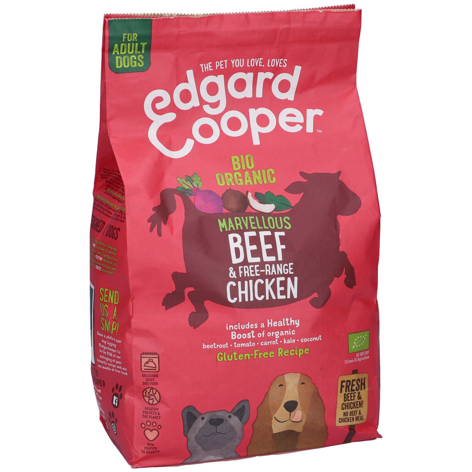 Confezione rossa di cibo per cani adulti. Scritta: Edgard & Cooper, manzo e pollo ruspante. Ricetta senza glutine.