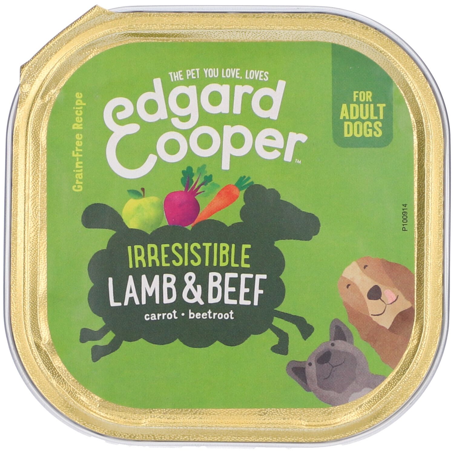 Scatola verde 'Edgard Cooper'. Contiene 'Irresistible Lamb & Beef'. Illustrazione di agnello, verdure e cani.