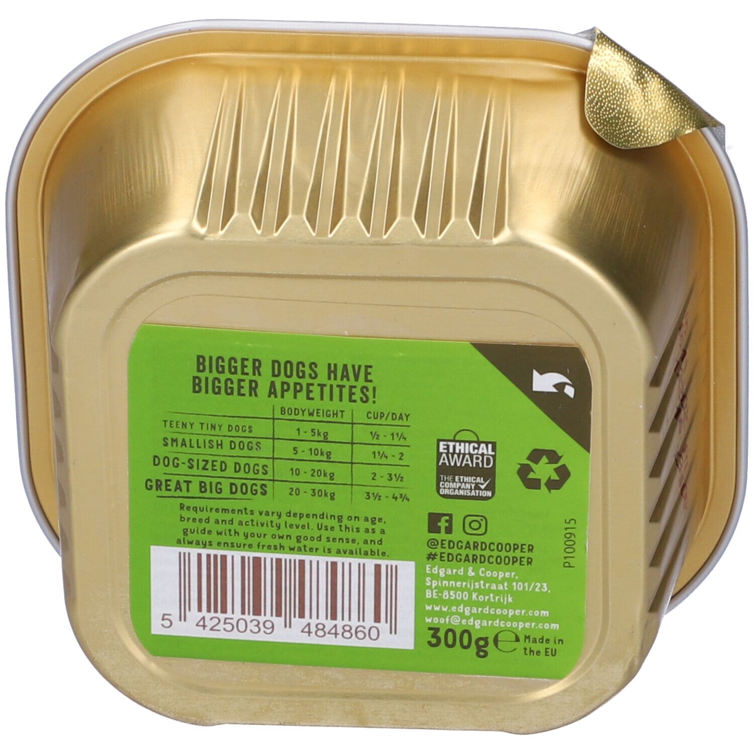 Retro della scatola. Informazioni sulle raccomandazioni alimentari e certificazioni. Codice a barre e contatti.