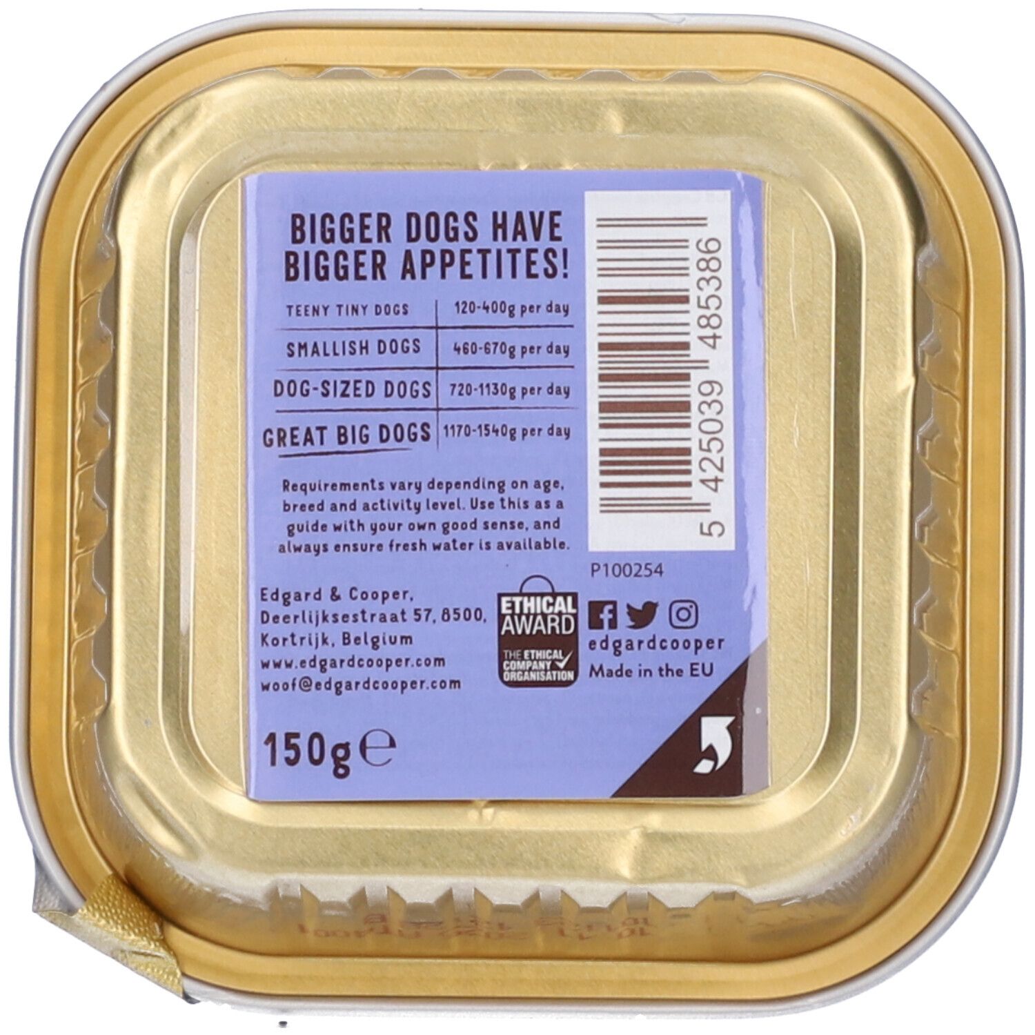 Retro della scatoletta di cibo per cani. Raccomandazioni alimentari. Informazioni Edgard & Cooper. 150g. Prodotto in UE.