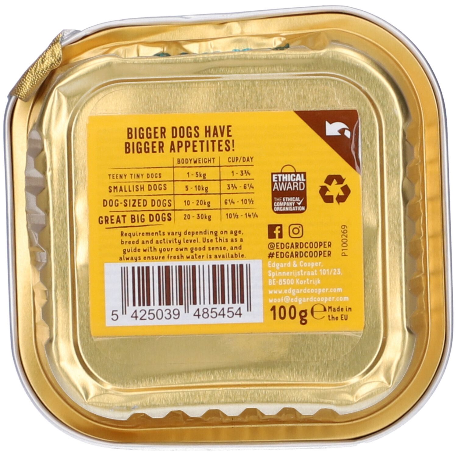 Edgard Cooper Tacchino Biologico Cani Adulti. Retro della vaschetta con testo e informazioni nutrizionali. 100g.