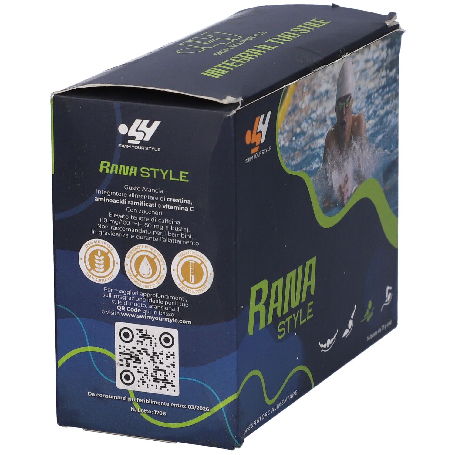 Vista laterale scatola "Rana Style". Testo "Rana Style", "Gusto Arancia". Codice QR e loghi. Data di scadenza.