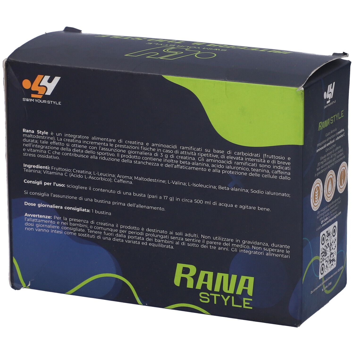 Retro scatola "Rana Style". Testo: ingredienti, istruzioni per l'uso, avvertenze. Logo "SY Swim Your Style".