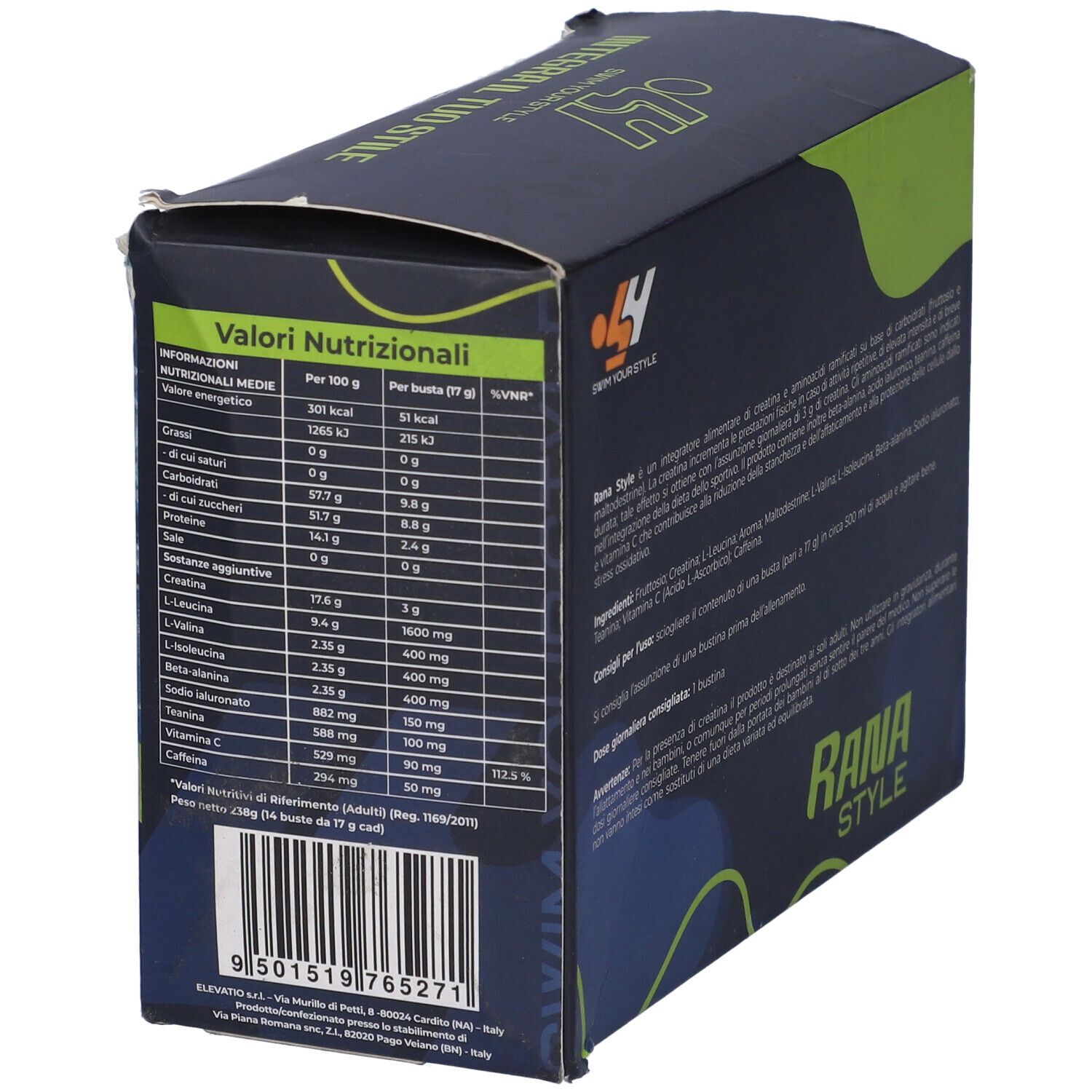 Lato scatola "Rana Style". Informazioni nutrizionali per 100g e per porzione. Codice a barre. Logo "SY Swim Your Style".