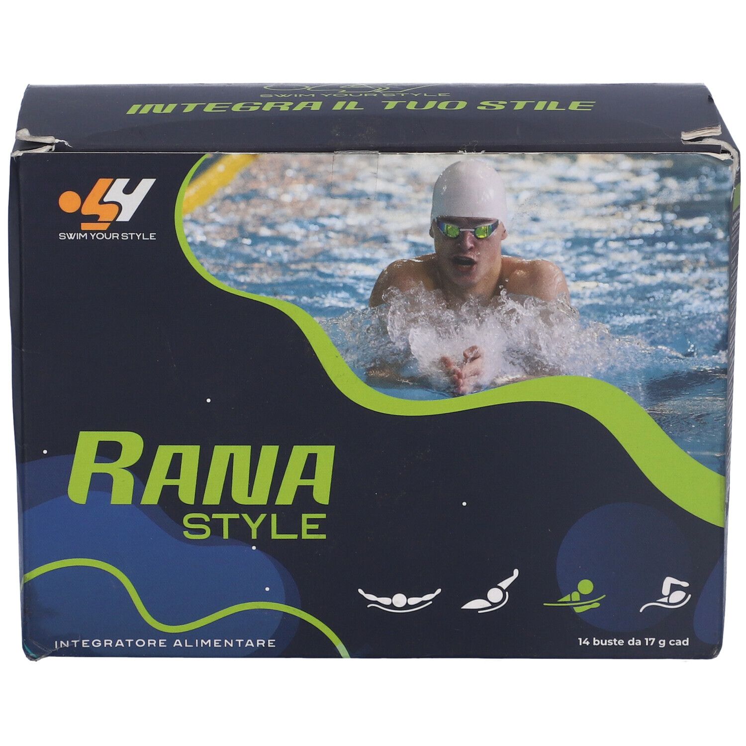 Fronte scatola "Rana Style". Immagine di un nuotatore. Logo "SY Swim Your Style". 14 bustine.