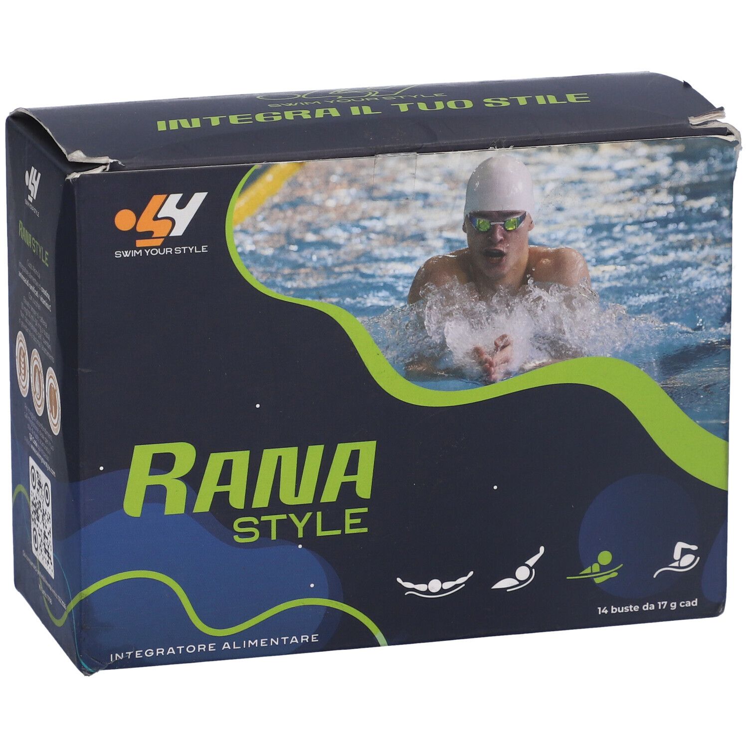 Fronte scatola "Rana Style". Immagine di un nuotatore. Logo "SY Swim Your Style". 14 bustine.