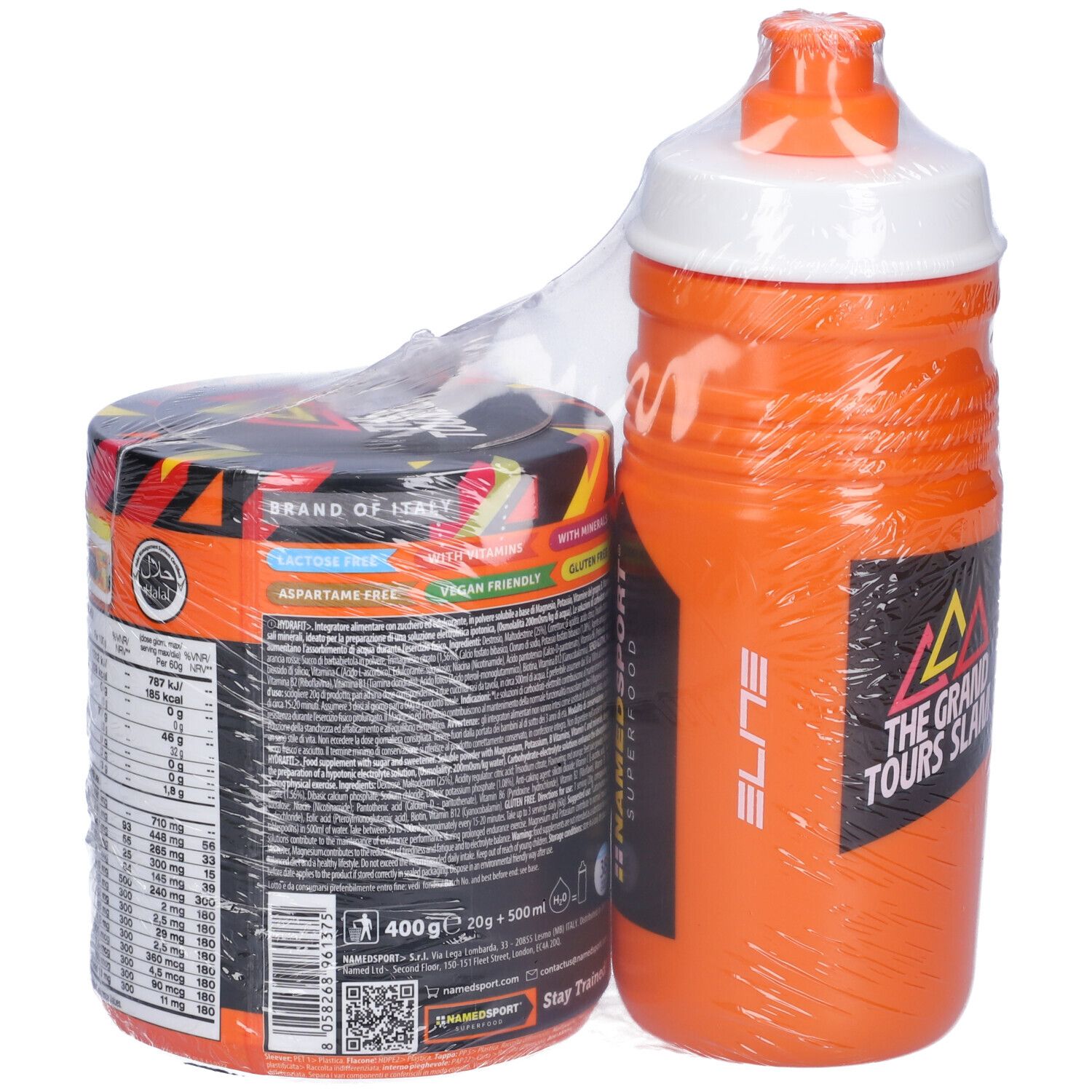 Borraccia e barattolo arancioni in pellicola. Barattolo con informazioni nutrizionali e HydraFit. Borraccia con logo Elite. Entrambi arancioni.