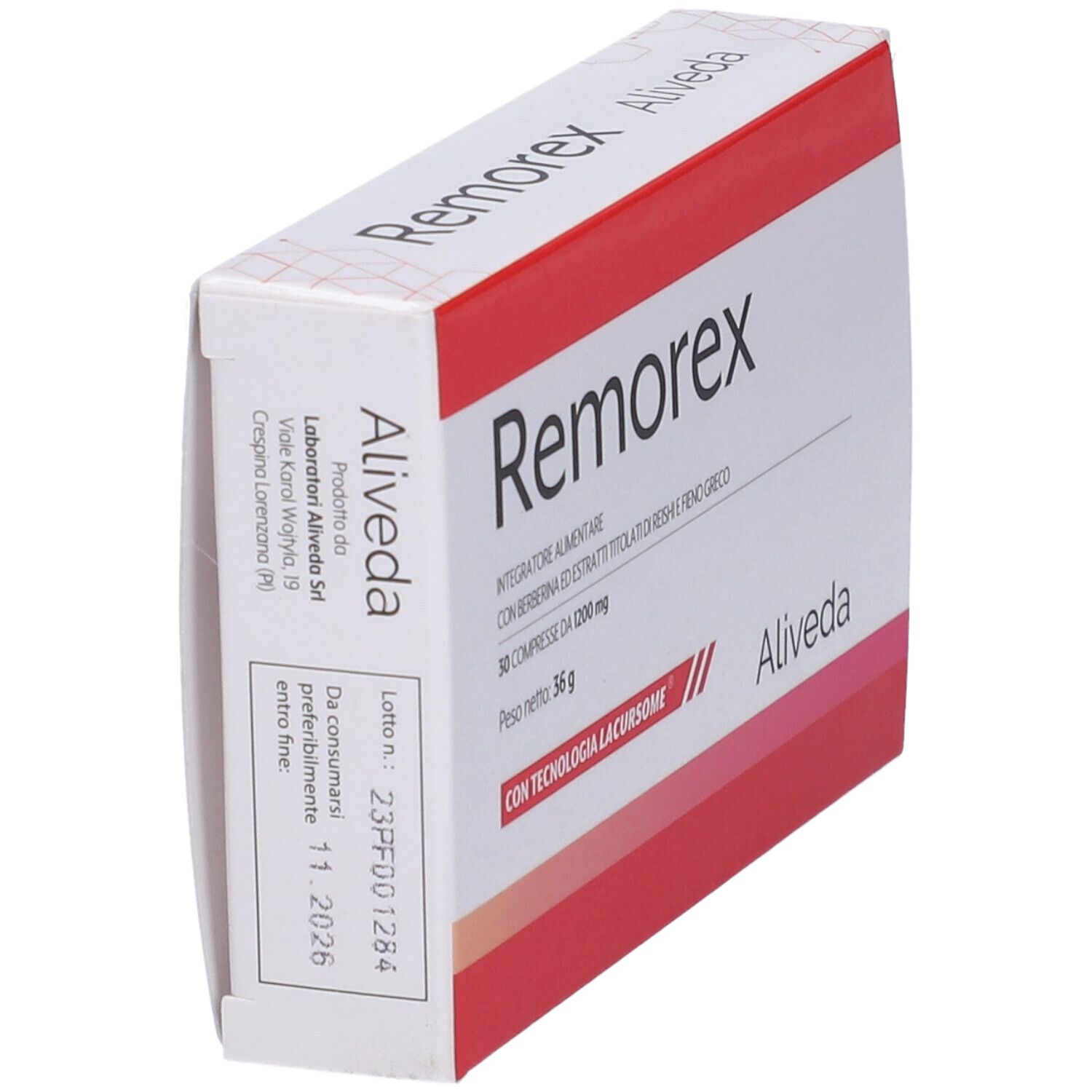 Scatola con scritta Remorex, Aliveda. Contiene 30 compresse. Confezione rossa e bianca. Peso: 36g.